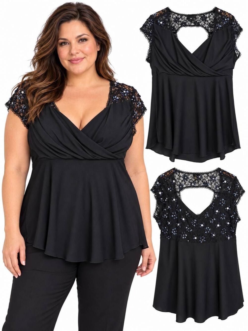 Midnight Velvet 1X Black Beaded Lace Surplice Evening Top